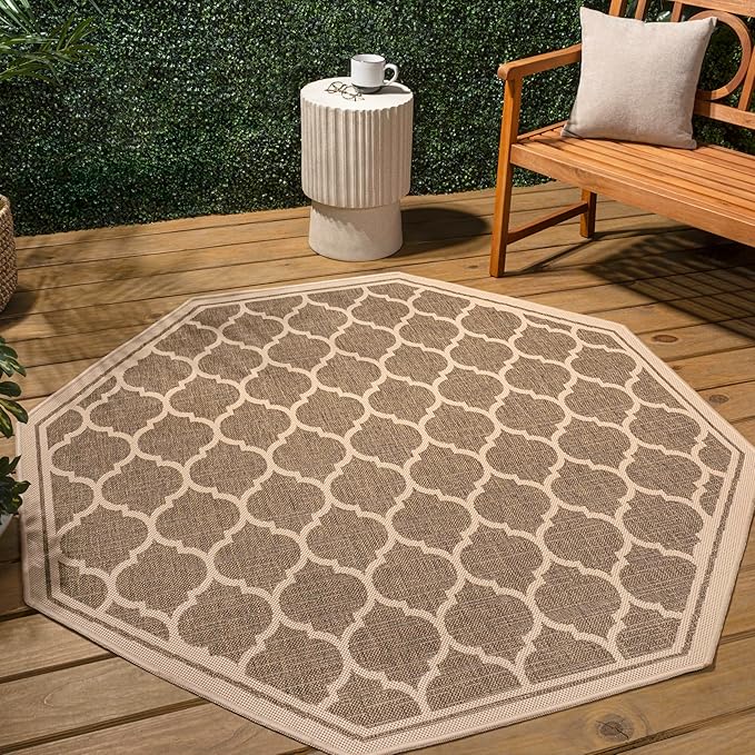 JONATHAN Y Moroccan Trellis Indoor Outdoor Octagon Area Rug 8 Ft Brown/Beige, Trebol Textured Weave for Backyard, Patio, Porch, Easy-Cleaning, High Traffic, Pet-Friendly, Non-Shedding (SMB109A-8TGN)