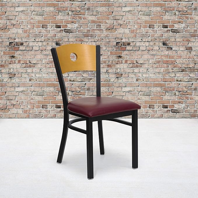 Flash Furniture 2 Pk. HERCULES Series Black Circle Back Metal Restaurant Chair - Natural Wood Back, Burgundy Vinyl Seat