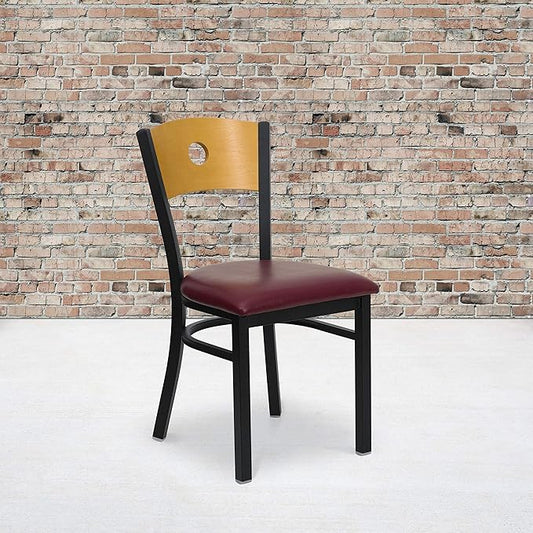 Flash Furniture 2 Pk. HERCULES Series Black Circle Back Metal Restaurant Chair - Natural Wood Back, Burgundy Vinyl Seat