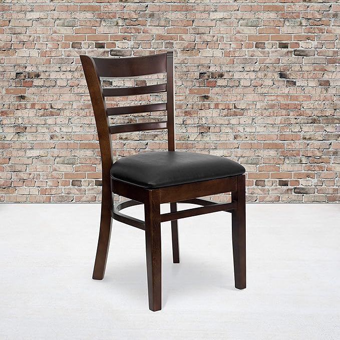 Flash Furniture HERCULES Series Ladder Back Walnut Wood Restaurant Chair - Black Vinyl Seat