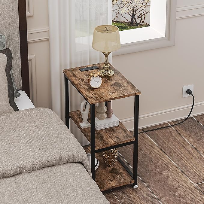 VECELO Tall End Table with Charging Station, Side Table with USB Ports and Outlets, 30" Height Nightstand with 3-Tier Storage Shelf for Living Room Bedroom Office Hallway Study