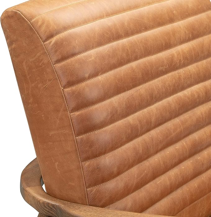 Poly & BARK Rowan Lounge Chair – Mid Century Modern Leather Armchair with Ribbed Seat and Solid Ash Wood Frame, Cognac Tan