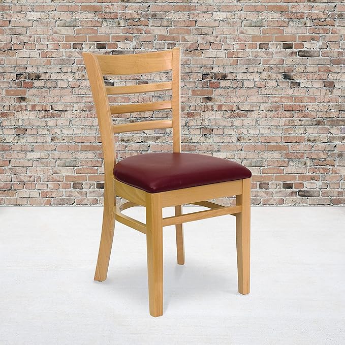 Flash Furniture HERCULES Series Ladder Back Natural Wood Restaurant Chair - Burgundy Vinyl Seat