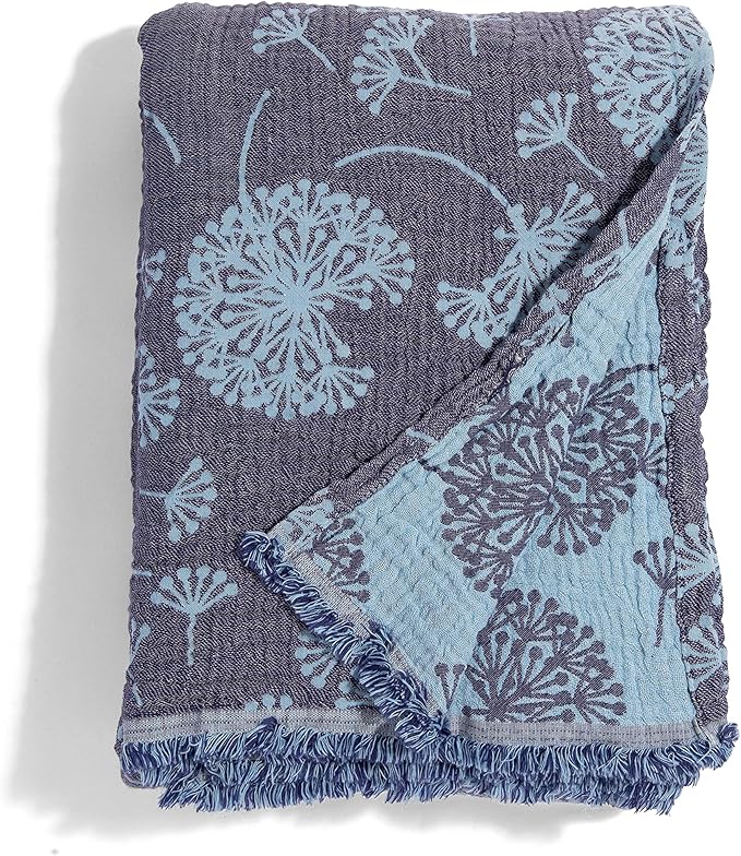 InfuseZen Large Turkish Muslin Throw Blanket - Reversible Dandelion Design -100% Turkish Cotton Gauze - 92" x 65" - Soft, Thin, Lightweight, Breathable - Sofa, Bed, Picnic, Beach, Yoga - Navy/Blue
