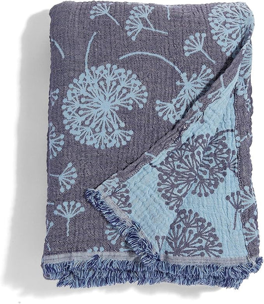 InfuseZen Large Turkish Muslin Throw Blanket - Reversible Dandelion Design -100% Turkish Cotton Gauze - 92" x 65" - Soft, Thin, Lightweight, Breathable - Sofa, Bed, Picnic, Beach, Yoga - Navy/Blue