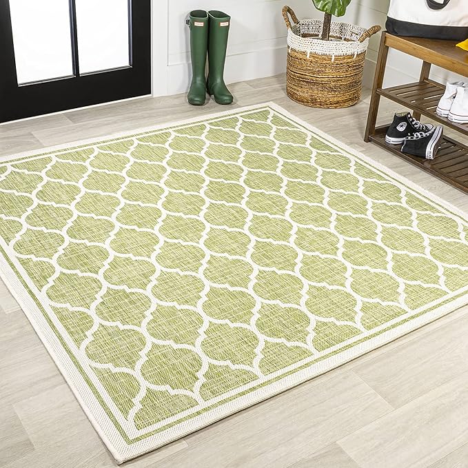 JONATHAN Y Moroccan Trellis Indoor Outdoor Square Area Rug 5X5 Green/Cream, Trebol Textured Weave for Backyard, Patio, Porch, Easy-Cleaning, High Traffic, Pet-Friendly, Non-Shedding (SMB109G-5SQ)