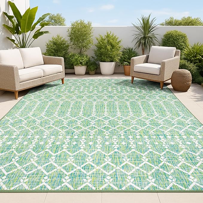 JONATHAN Y Moroccan Geometric Indoor Outdoor Area Rug 3X5 Green/Cream, Ourika Textured Weave for Backyard, Patio, Porch, Easy-Cleaning, High Traffic, Pet-Friendly, Non-Shedding (SMB108L-3)