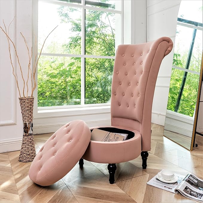Royal High-Back Velvet Accent Chair for Vanity with Storage and Luxurious Upholstery, Retro Design and Versatile Usage for Living Room, Bedroom, Lounge and Office, Rose