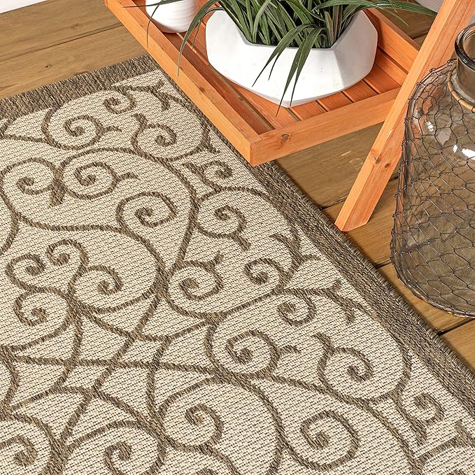 JONATHAN Y Vintage Filigree Indoor Outdoor Square Area Rug 8X8 Beige/Brown, Madrid Textured Weave for Backyard, Patio, Porch, Easy-Cleaning, High Traffic, Pet-Friendly, Non-Shedding (SMB107B-8SQ)