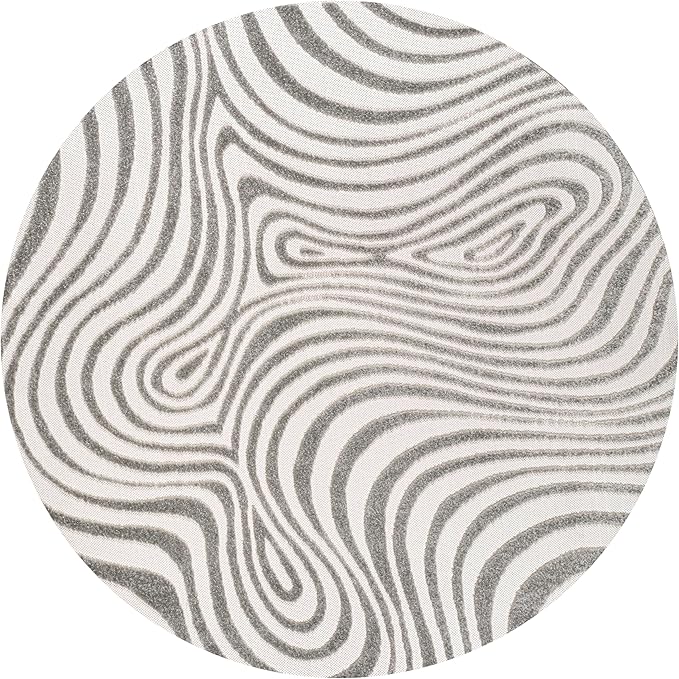 JONATHAN Y Maribo High-Low Abstract Striped Gray/Ivory 5' Round Indoor/Outdoor Area Rug, Pet Friendly, Non-Shedding, Stain Resistant, Easy-Cleaning for Backyard, Patio, Porch (SCN103B-5R)