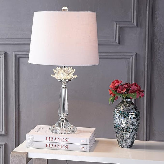 JONATHAN Y 24.5" Clear Crystal LED Table Lamp, Hollywood Regency Modern Glam Candlestick Lamp with White Linen Drum Shade for Living Room Bedroom, LED Bulb Included JYL2016A
