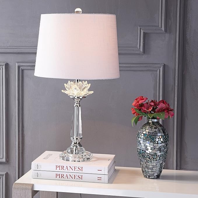 JONATHAN Y 24.5" Clear Crystal LED Table Lamp, Hollywood Regency Modern Glam Candlestick Lamp with White Linen Drum Shade for Living Room Bedroom, LED Bulb Included JYL2016A