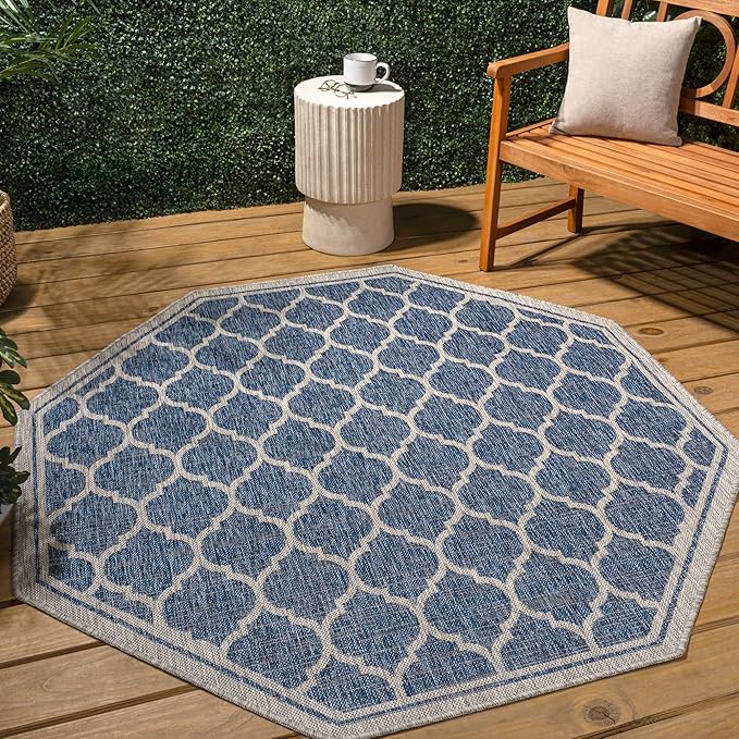 JONATHAN Y Moroccan Trellis Indoor Outdoor Octagon Area Rug 8 Ft Navy/Gray, Trebol Textured Weave for Backyard, Patio, Porch, Easy-Cleaning, High Traffic, Pet-Friendly, Non-Shedding (SMB109D-8TGN)