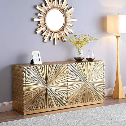 Meridian Furniture Golda Collection Modern | Contemporary Gold Leaf Sideboard/Buffet with Intricate Hand Carved Starburst Design, 66" W x 18" D x 31" H