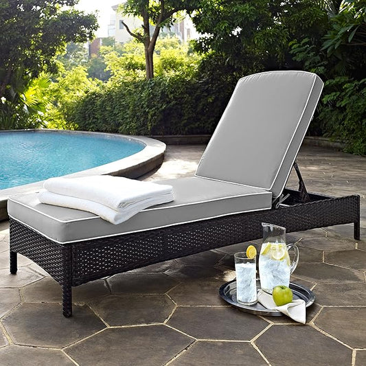 Crosley Furniture Palm Harbor Reclining Wicker Outdoor Chaise Lounge Chair for Patio, Deck, Poolside, Brown with Gray Cushions