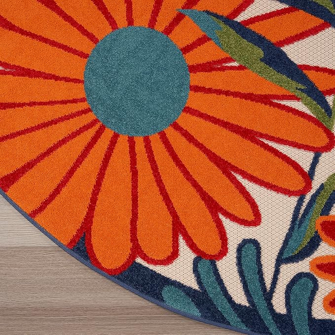 Nourison Home Aloha Multicolor 5'3" x Round Area Rug - Easy Clean, Non Shedding, Bed Room, Living Room, Dining Room, Kitchen (5' x Round)
