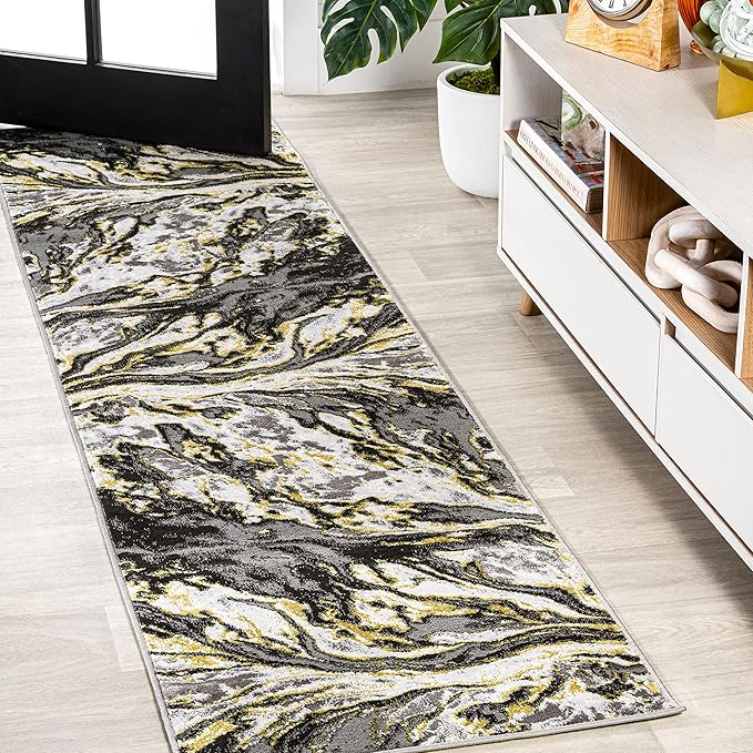 JONATHAN Y Swirl Marbled Black/Yellow Runner Rug 2X10 ft, Abstract for Living Room, Bedroom, Kitchen, Office, Easy-Cleaning, High Traffic, Pet-Friendly, Non-Shedding SOR203D-210