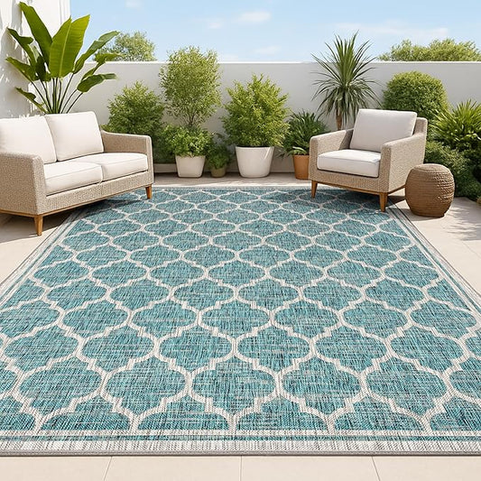 JONATHAN Y Moroccan Trellis Indoor Outdoor Area Rug 6X9 Teal/Gray, Trebol Textured Weave for Backyard, Patio, Porch, Easy-Cleaning, High Traffic, Pet-Friendly, Non-Shedding (SMB109E-6)