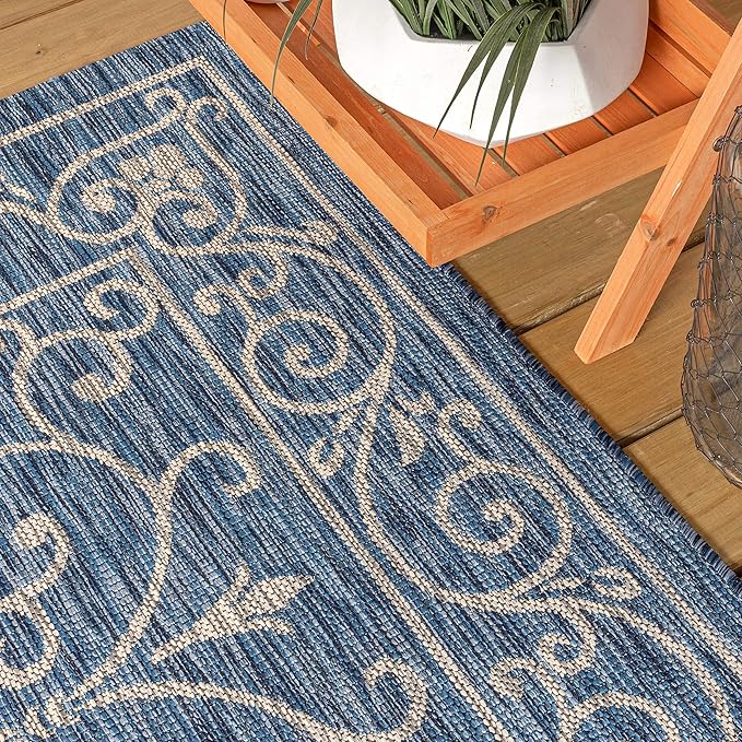 JONATHAN Y Vintage Filigree Indoor Outdoor Round Area Rug 8 Ft Navy/Gray, Charleston Textured Weave for Backyard, Patio, Porch, Easy-Cleaning, High Traffic, Pet-Friendly, Non-Shedding (SMB106D-8R)