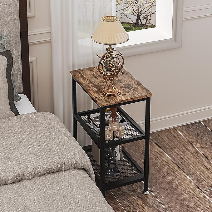 VECELO Tall End Side Tables,30" Height Nightstand with 3-Tier Storage Shelf for Bedroom Living Room, Easy Assembly,Industrial Style, Brown