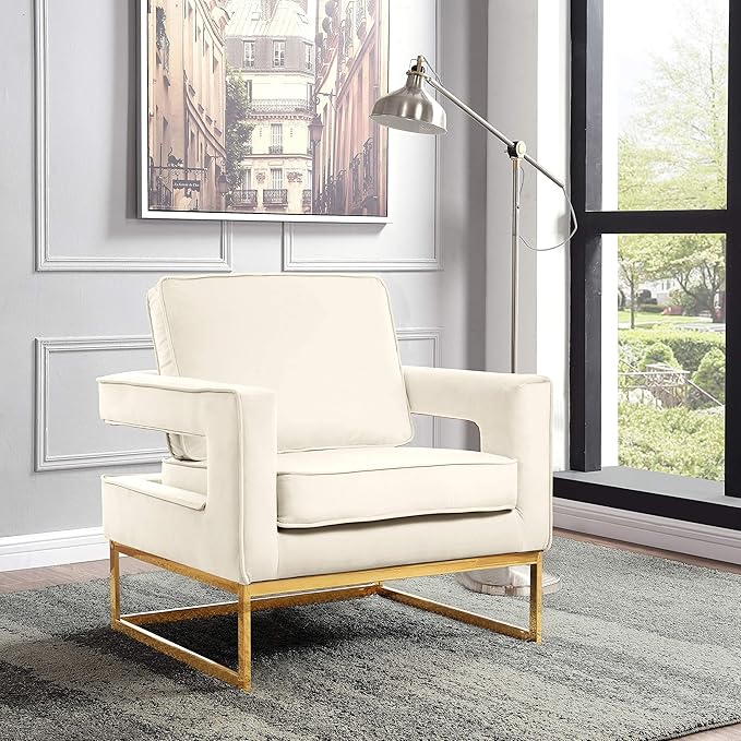 Meridian Furniture Noah Collection Modern | Contemporary Velvet Upholstered Accent Chair with Durable Iron, 33" W x 29" D x 35" H, Cream, Gold Base