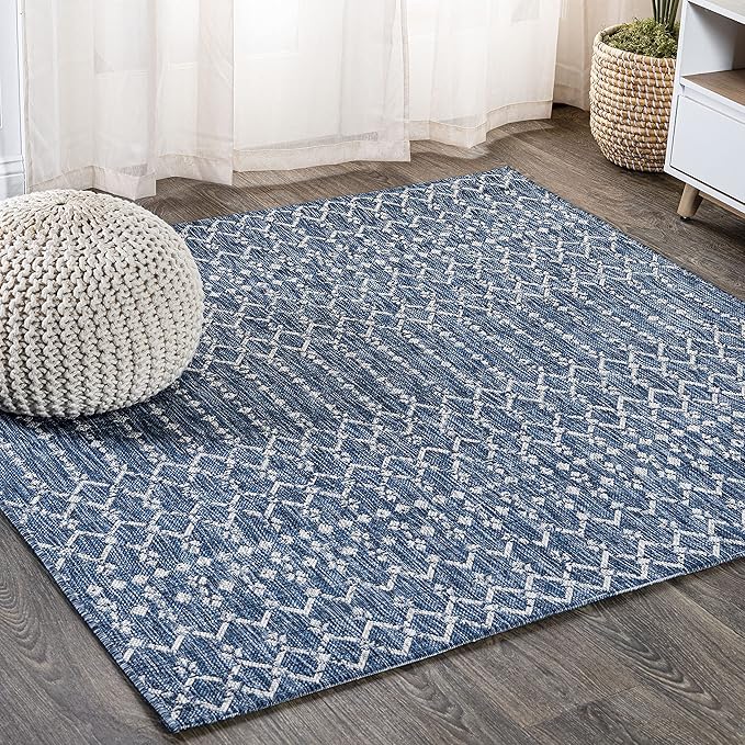 JONATHAN Y Moroccan Geometric Indoor Outdoor Square Area Rug 6X6 Navy/Light Gray, Ourika Textured Weave for Backyard, Patio, Porch, Easy-Cleaning, High Traffic, Pet-Friendly, Non-Shedding SMB108B-6SQ