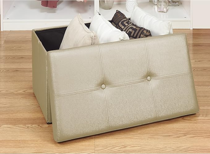Simplify Faux Leather Folding Storage Ottoman | Double | Collapsible | Tufted Padded Seating | Foot Rest | Bench | Metallic Gold