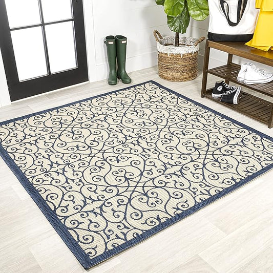JONATHAN Y Vintage Filigree Indoor Outdoor Square Area Rug 5X5 Navy/Beige, Madrid Textured Weave for Backyard, Patio, Porch, Easy-Cleaning, High Traffic, Pet-Friendly, Non-Shedding (SMB107G-5SQ)