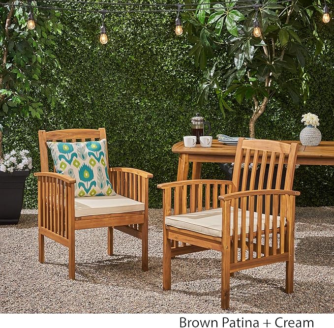 Great Deal Furniture Phoenix Acacia Patio Dining Chairs, Acacia Wood with Outdoor Cushions, Brown Patina and Cream (Set of 2), (307161)