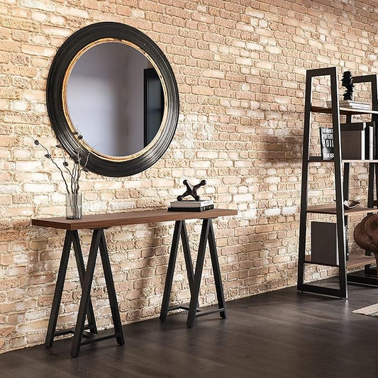 SIMPLIHOME Sawhorse SOLID WOOD and Metal 50 inch Wide Modern Industrial SOLID WALNUT WOOD and Metal Console Sofa Table in Walnut for the Living room Entryway and Bedroom