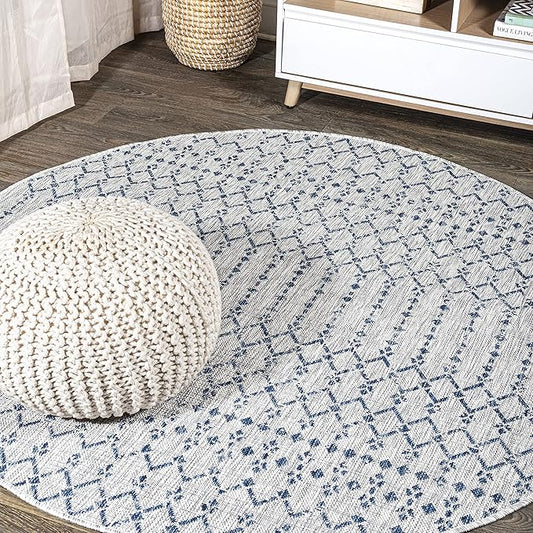 JONATHAN Y Moroccan Geometric Indoor Outdoor Round Area Rug 8 Ft Light Gray/Navy, Ourika Textured Weave for Backyard, Patio, Porch, Easy-Cleaning, High Traffic, Pet-Friendly, Non-Shedding SMB108A-8R