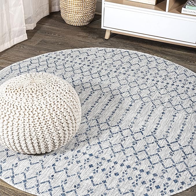 JONATHAN Y Moroccan Geometric Indoor Outdoor Round Area Rug 5 Ft Light Gray/Navy, Ourika Textured Weave for Backyard, Patio, Porch, Easy-Cleaning, High Traffic, Pet-Friendly, Non-Shedding SMB108A-5R