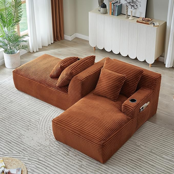Eafurn Oversized Double Chaise Lounge Indoor with Cup Holders & Side Pocket, 71" Plush Corduroy Boneless Chaise Lounge Sofa with High Density Sponge & Deep High Seat Comfy Sleeper Couch Bed | Breathable material, No Assembly, 52" Deep Seat, 19.7" High ...