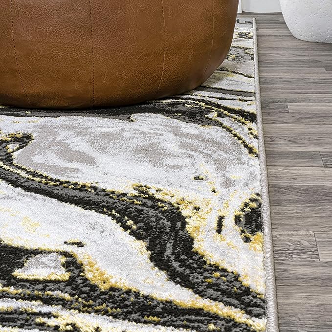 JONATHAN Y Swirl Marbled Black/Yellow Runner Rug 2X8 ft, Abstract for Living Room, Bedroom, Kitchen, Office, Easy-Cleaning, High Traffic, Pet-Friendly, Non-Shedding SOR203D-28