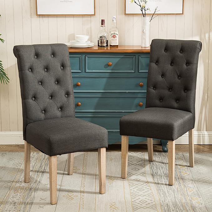 Roundhill Furniture Habit Solid Wood Tufted Parsons Charcoal Dining Chair, Set of 2
