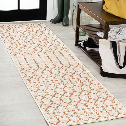 JONATHAN Y Moroccan Geometric Indoor Outdoor Runner Rug 2X8 Cream/Orange, Ourika Textured Weave for Backyard, Patio, Porch, Easy-Cleaning, High Traffic, Pet-Friendly, Non-Shedding (SMB108O-28)