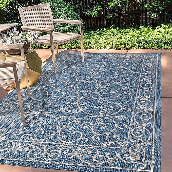 JONATHAN Y Vintage Filigree Indoor Outdoor Area Rug 3X5 Navy/Gray, Charleston Textured Weave for Backyard, Patio, Porch, Easy-Cleaning, High Traffic, Pet-Friendly, Non-Shedding (SMB106D-3)
