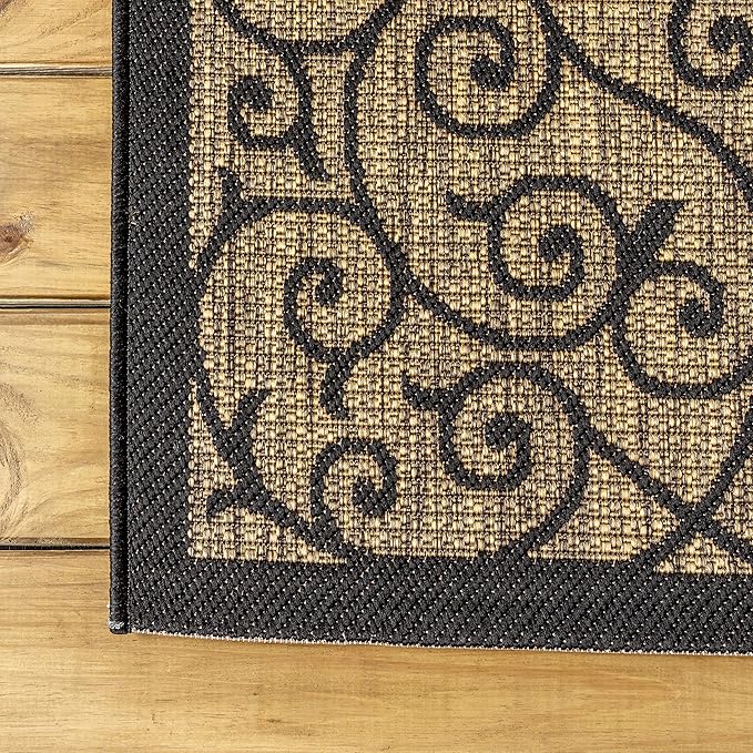 JONATHAN Y Vintage Filigree Indoor Outdoor Runner Rug 2X10 Black/Khaki, Madrid Textured Weave for Backyard, Patio, Porch, Easy-Cleaning, High Traffic, Pet-Friendly, Non-Shedding (SMB107A-210)