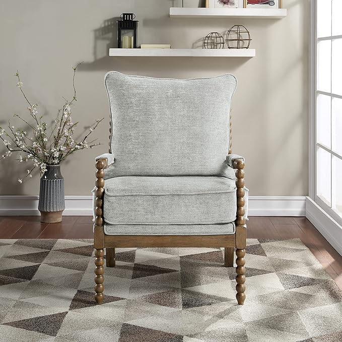 OSP Home Furnishings Fletcher Spindle Accent Chair with Rustic Brown Finish, Smoke Grey Upholstery