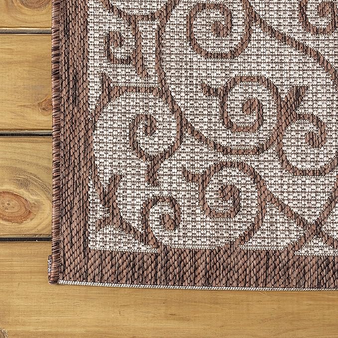 JONATHAN Y Vintage Filigree Indoor Outdoor Round Area Rug 9 Ft Taupe/Espresso, Madrid Textured Weave for Backyard, Patio, Porch, Easy-Cleaning, High Traffic, Pet-Friendly, Non-Shedding (SMB107C-9R)