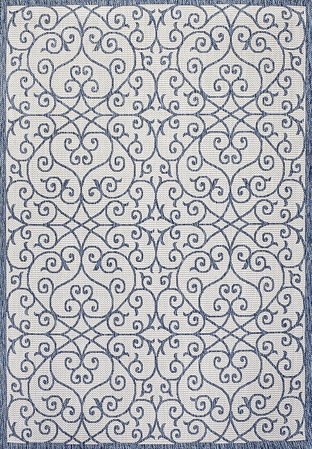 JONATHAN Y Vintage Filigree Indoor Outdoor Area Rug 8X10 Blue/Cream, Madrid Textured Weave for Backyard, Patio, Porch, Easy-Cleaning, High Traffic, Pet-Friendly, Non-Shedding (SMB107F-8)