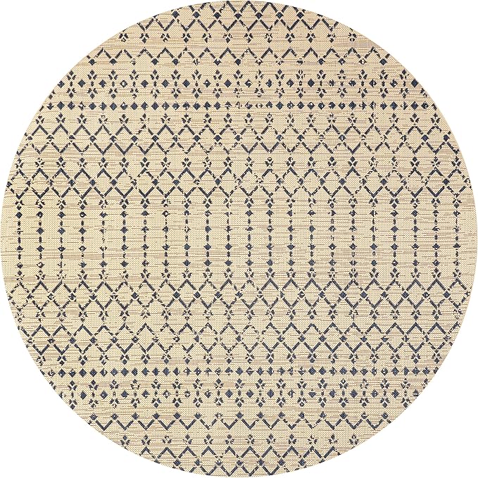 JONATHAN Y Moroccan Geometric Indoor Outdoor Round Area Rug 6 Ft Beige/Navy, Ourika Textured Weave for Backyard, Patio, Porch, Easy-Cleaning, High Traffic, Pet-Friendly, Non-Shedding (SMB108H-6R)