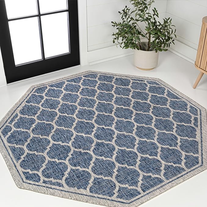 JONATHAN Y Moroccan Trellis Indoor Outdoor Octagon Area Rug 8 Ft Navy/Gray, Trebol Textured Weave for Backyard, Patio, Porch, Easy-Cleaning, High Traffic, Pet-Friendly, Non-Shedding (SMB109D-8TGN)