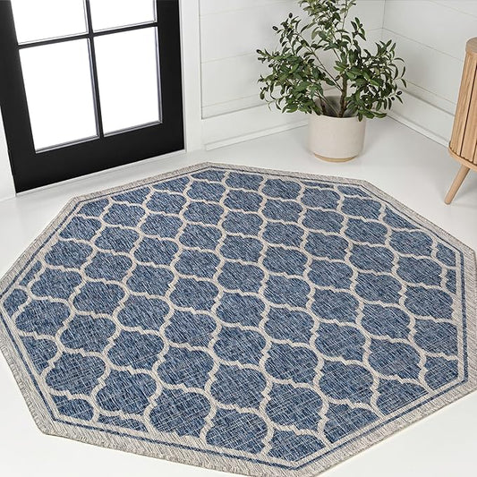 JONATHAN Y Moroccan Trellis Indoor Outdoor Octagon Area Rug 8 Ft Navy/Gray, Trebol Textured Weave for Backyard, Patio, Porch, Easy-Cleaning, High Traffic, Pet-Friendly, Non-Shedding (SMB109D-8TGN)