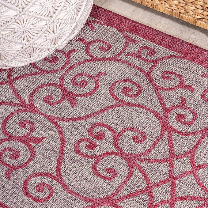 JONATHAN Y Vintage Filigree Indoor Outdoor Runner Rug 2X10 Light Gray/Fuchsia, Madrid Textured Weave for Backyard, Patio, Porch, Easy-Cleaning, High Traffic, Pet-Friendly, Non-Shedding (SMB107I-210)