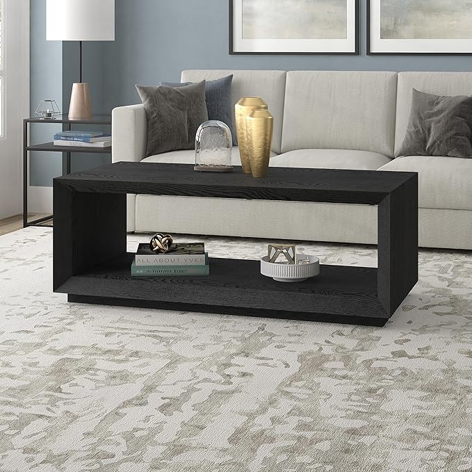 Henn&Hart 48" Rectangular Coffee Table with Open Storage Shelf for Living Room, Family Room, or Office, Natural Black