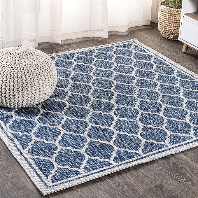 JONATHAN Y Moroccan Trellis Indoor Outdoor Square Area Rug 9X9 Navy/Gray, Trebol Textured Weave for Backyard, Patio, Porch, Easy-Cleaning, High Traffic, Pet-Friendly, Non-Shedding (SMB109D-9SQ)
