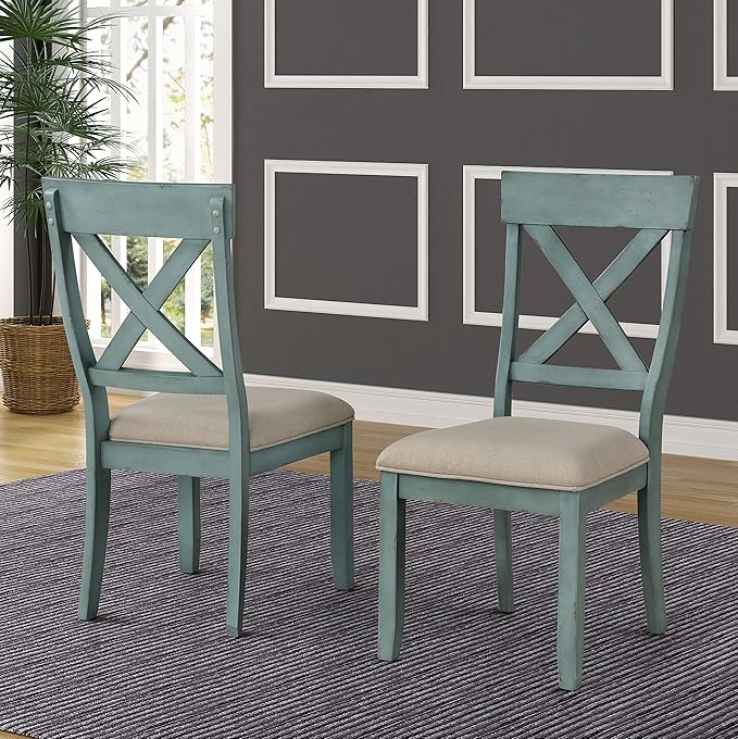 Roundhill Furniture Prato 6-Piece Dining Set, Dining Table with 4 Cross Back Chairs and Bench, Antique Blue and Distressed Walnut Finish