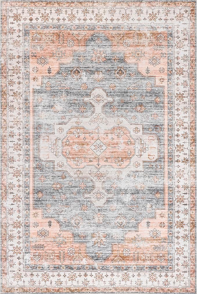 Nuloom SpinClean Banks Light Orange/Light Grey, 8' x 10', Vintage, Soft and Cozy, High Traffic, Stain Resistant, Easy Clean, Durable, Machine Washable Area Rug for Bedroom, Living Room, Dining, Foyer