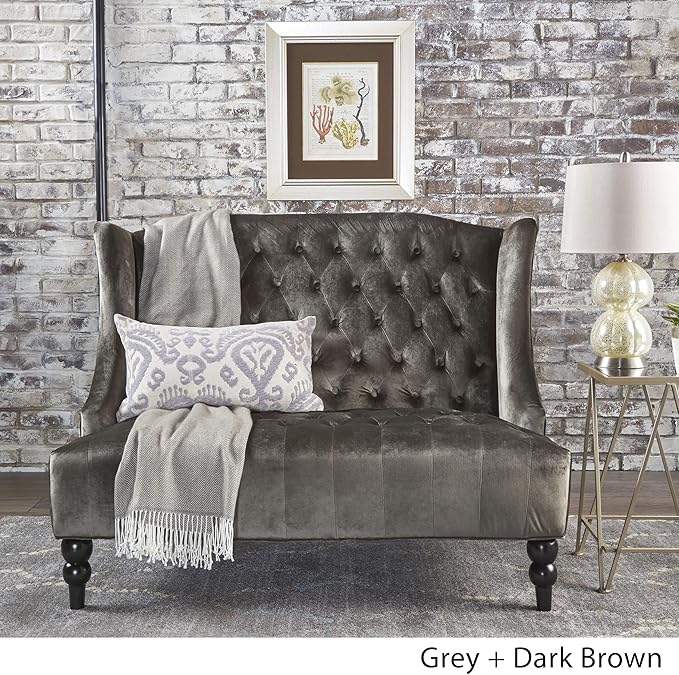 Christopher Knight Home GDFStudio Leona Modern Glam Tufted Velvet Wingback Loveseat, Gray and Dark Brown